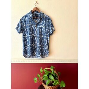 Lucky Brand Linen Blend Button Down Shirt M Blue White Geo Floral Resort Summer